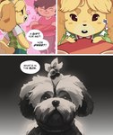 ambiguous_gender ambiguous_human anthro anthro_focus biped blonde_hair bottomwear clothing duo eyebrows female female_anthro female_focus front_view fur furgonomics hair holidays humor skirt solo_focus standing tail text thick_eyebrows yellow_body yellow_fur knuxy animal_crossing how_hungry... nintendo valentine's_day isabelle_(animal_crossing) villager_(animal_crossing) canid canine canis domestic_dog human mammal shih_tzu toy_dog absurd_res comic english_text hi_res