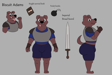 anthro armor big_butt black_bottomwear black_clothing black_eyes black_nose black_shorts blue_clothing blue_shirt blue_t-shirt blue_topwear bomb book bottomwear breastplate brown_body brown_clothing brown_ears brown_fingerless_gloves brown_fur brown_gloves brown_handwear brown_tail bulge butt clothed clothing explosives fingerless_gloves front_view fur gesture gloves hand_gesture handwear male melee_weapon pointing pointing_at_self shirt shorts side_view simple_background solo standing sword t-shirt tail teeth text thick_thighs tongue tongue_out topwear weapon colossalstars biscuit_adams_(colossalstars) canid canine canis domestic_dog mammal 2024 3:2 digital_media_(artwork) english_text hi_res model_sheet