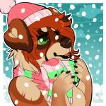 anthro beanie breasts clothing featureless_breasts female fur hair hat headgear headwear open_mouth scarf smile snow solo compass_(artist) canid canine canis domestic_dog mammal 1:1 2_frame_animation animated low_res short_playtime