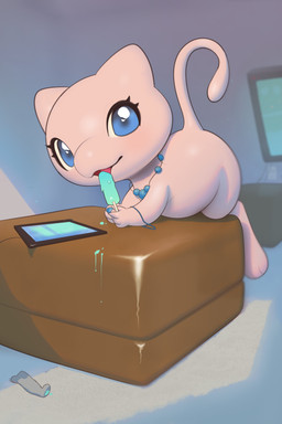 3_toes 4_fingers anthro blue_eyes bracelet eating electronics eyelashes feet female fingers food furniture inside jewelry looking_at_viewer necklace open_mouth pink_body popsicle smile solo tablet tablet_computer tail toes inkune nintendo pokemon generation_1_pokemon legendary_pokemon mammal mew_(pokemon) pokemon_(species) 2:3 absurd_res digital_media_(artwork) hi_res shaded sketch