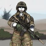 anthro ar_platform armor assault_rifle battlefield black_body black_fur black_nose body_armor breasts camo clothed clothing cute_fangs day detailed_background explosion eyes_closed fangs fatigues female front_view fully_clothed fur fur_markings gloves gloves_(marking) gun handwear happy headgear helmet holding_gun holding_object holding_ranged_weapon holding_rifle holding_weapon m4 m4a1 markings military military_uniform multicolored_body multicolored_fur open_mouth open_smile outside plant ranged_weapon rifle rifle_sling rolled_up_sleeves scope shrub silencer smile smoke solo standing sticker stoner_rifle teeth text text_on_clothing text_on_topwear tongue topwear trigger_discipline two_tone_body two_tone_fur uniform weapon white_body white_fur hladilnik samantha_thott canid canine canis domestic_dog mammal 1:1 2018 hi_res portrait three-quarter_portrait