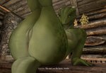 2023 anthro antira anus argonian arm_support bethesda_softworks big_butt breasts butt butt_focus claws dialogue digital_media_(artwork) english_text female furniture futura_condensed_(font) genitals green_body green_scales hi_res horn indoor_nudity inside leaning leaning_backward legs_together legs_up looking_at_viewer nipples non-mammal_breasts non-mammal_nipples nude nude_anthro nude_female open_mouth pussy raised_leg scales scalie skyrim solo table tail text the_elder_scrolls yellow_eyes