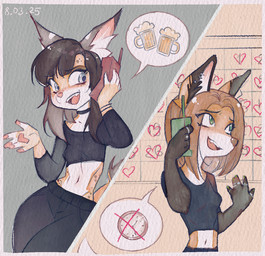 5_fingers anthro biped bottomwear breasts brown_body brown_fur brown_hair brown_tail clothed clothed_anthro clothed_female clothing countershade_torso countershading duo electronics female fingers front_view fully_clothed fully_clothed_anthro fully_clothed_female fur hair midriff navel phone phone_call smile standing tail teeth tongue topwear iskra kordi veta_(iskra) felid feline lynx mammal 2025 digital_drawing_(artwork) digital_media_(artwork)