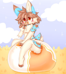 abdl age_regression anthro big_diaper clothed clothing cloud diaper fur male multicolored_body multicolored_fur object_in_mouth orange_eyes pacifier pacifier_in_mouth simple_background solo tan_body tan_fur toony wearing_diaper v1vi hi_res