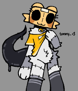 :3 anthro bell bell_collar big_eyes black_body black_collar black_eyes blush blush_stickers bottomless box box_head box_on_head cardboard cardboard_box closed_smile clothed clothing clothing_lift collar container emoticon empty_eyes eyelashes featureless_crotch female fingers flat_chested front_view fur goo_tail grey_background grey_body grey_clothing grey_fur grey_legwear grey_thigh_highs happy jingle_bell jingle_bell_collar legwear looking_at_viewer mouth_closed navel plushie seam_(sewing) shirt shirt_lift simple_background slim smile solo standing text thigh_highs topwear yellow_clothing yellow_shirt yellow_topwear weirdenned animate_inanimate felid feline living_plushie mammal 2025 aliasing binary_drawing digital_drawing_(artwork) digital_media_(artwork) english_text flat_colors hi_res portrait three-quarter_portrait nonbinary_(lore)