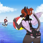 anthro ball beach_ball bikini clothing duo female hair inflatable playful ponytail sea swimwear two-piece_swimsuit water wings arwenscoots conditional_dnp arwen canid canine domestic_ferret hybrid mammal mustelid musteline true_musteline weasel 1:1 hi_res