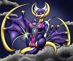 anthro bikini breasts camel_toe clothing cloud female head_crest legless nipple_outline purple_body solo swimwear thick_thighs tongue two-piece_swimsuit wings happyanthro nintendo pokemon bat generation_7_pokemon legendary_pokemon lunala mammal pokemon_(species)