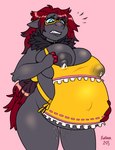 anthro apron areola big_breasts blush bodily_fluids breasts choker clothing dressing eyewear female glasses grey_areola grey_nipples hair holding_belly huge_breasts jewelry lactating necklace nipples pregnant pregnant_anthro pregnant_female red_hair solo surprise tight_clothing xalloir nintendo pokemon generation_5_pokemon pokemon_(species) zoroark absurd_res hi_res smaller_version_at_source