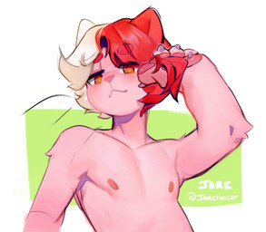 :< anthro blush clothed clothing fur hair hand_in_hair looking_at_viewer male male_anthro multicolored_hair nipples pawpads pink_body pink_fur simple_background solo topless topless_anthro topless_male touching_hair two_tone_hair icetf jare domestic_cat felid feline felis mammal 2023