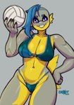 anthro ball bikini blue_eyebrows blue_eyes blue_hair breasts butt butt_from_the_front cleavage clothed clothing eyebrows female female_anthro front_view gills hair hand_on_hip non-mammal_breasts sharp_teeth smile solo swimwear teeth two-piece_swimsuit volleyball_(ball) croxot cassidy_(croxot) fish marine piranha_(fish) piraya_piranha serrasalmid 2024 digital_drawing_(artwork) digital_media_(artwork) hi_res portrait three-quarter_portrait