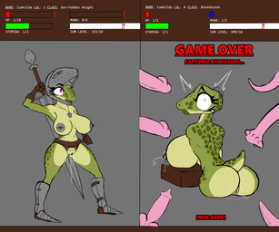 4_missing_limbs amputated amputee anthro big_breasts bodily_fluids breasts defeated disability female game_over gameplay_mechanics genital_fluids genitals group huge_breasts imminent_rape imminent_sex male male/female missing_all_arms missing_all_legs missing_all_limbs missing_arm missing_leg missing_limb nipple_piercing nipples piercing quadruple_amputee submissive submissive_anthro submissive_female text vaginal_fluids vulva serpenteats cumhilda_(serpenteats) lizard reptile scalie 6:5 absurd_res english_text hi_res