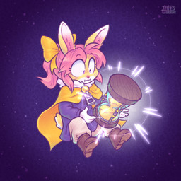 anthro blush boots bottomwear cape clothing cosplay female footwear hair hourglass_(object) pants pink_hair ponytail purple_background purple_clothing ribbons shoes simple_background solo star tail yellow_cape yellow_clothing taffywabbit a_hat_in_time hat_kid soleil_(keffotin) lagomorph leporid mammal rabbit 1:1 2021 digital_media_(artwork) hi_res trans_(lore) trans_woman_(lore)