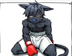 abs anthro bodily_fluids bottomwear boxing_gloves clothing drooling handwear male mouthguard muscular muscular_male pecs saliva shorts solo sweat tears 0onooo66 domestic_cat felid feline felis mammal