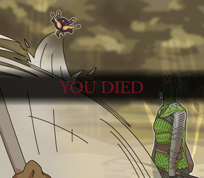 anthro armor clothed clothing dress female female_anthro green_armor male male_anthro sent_flying spiral spiral_eyes tail tail_tuft tuft upskirt slightlysimian you_died_(meme) molly_(slightlysimian) bovid bovine cattle equid equine horse mammal 2025 absurd_res digital_drawing_(artwork) digital_media_(artwork) hi_res meme