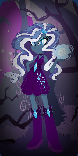blue_eyes blue_sclera boots clothing corruption female footwear gloves hair handwear jewelry magic multicolored_hair purple_hair shoes solo nightmarelunafan equestria_girls hasbro idw_publishing my_little_pony my_little_pony_(idw) nightmare_rarity_(idw) rarity_(eg) equid human mammal grandfathered_content