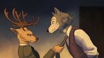 anthro antlers clothed clothing clothing_pull detailed_background duo eye_contact fur horn inside looking_at_another male necktie necktie_pull likanen beastars louis_pulling_legoshi legoshi_(beastars) louis_(beastars) canid canine canis cervine deer mammal red_deer wolf absurd_res hi_res