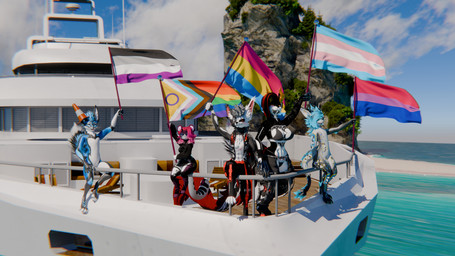 anthro asexual_pride_colors bisexual_pride_colors clothed clothing female group lgbt_pride male pansexual_pride_colors pride_color_flag pride_colors transgender_pride_colors foxand pokrik alberarts_(modeler) kiraraoor pokrik_(pokrik_hellhound) domestic_cat felid feline felis hyena hyenid_(species) mammal nardoragon rexouium 16:9 3d_(artwork) absurd_res digital_media_(artwork) hi_res widescreen