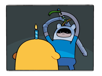 ambiguous_gender anthro birthday_cake bottomwear cake candle clothing dessert duo food hat headgear headwear mechanical_arm melee_weapon rubber_hose_style shirt shorts sword toony topwear weapon discount-supervillain adventure_time cartoon_network finn_the_human jake_the_dog canid canine canis domestic_dog human mammal