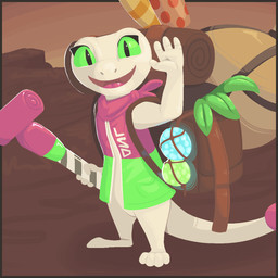 4_fingers 4_toes anthro backpack bag border bottomless clothed clothing detailed_background eyelashes feet female fingers gesture green_sclera holding_object jacket kerchief leather leather_strap open_clothing open_jacket open_mouth open_smile open_topwear orange_border party_horn pupils slit_pupils smile solo standing straps tail toes tongue topwear waving waving_at_viewer white_body conditional_dnp tangerine_(artist) shape_of_dreams smoothie_(shape_of_dreams) lizard reptile scalie 1:1 2026 aliasing binary_drawing digital_drawing_(artwork) digital_media_(artwork) full-length_portrait hi_res portrait shaded