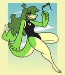 anthro breasts cleavage_cutout clothing cutout eyewear female green_body green_hair hair long_hair looking_at_viewer non-mammal_breasts one-piece_swimsuit red_eyes sky_background smile solo sunglasses swimwear yellow_body nerdyreindeer nintendo pokemon generation_5_pokemon lizard pokemon_(species) reptile scalie snivy hi_res