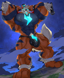 abs anthro barazoku biceps big_muscles big_pecs bow_tie bracelet bulge cosplay detailed_bulge flexing fur heterochromia holidays huge_muscles huge_pecs jewelry macro male mostly_nude muscular muscular_anthro muscular_male nipples outside pecs solo spiked_bracelet spikes tail oinu_kori halloween nintendo pokemon kori_(oinu_kori) arcanine canid canine generation_1_pokemon mammal pokemon_(species) digital_media_(artwork) hi_res