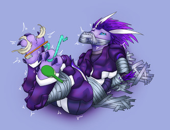 4_toes anthro arm_feathers arm_tuft armor arms_tied bdsm blue_eyes bondage bound brush claws clothed clothed_anthro clothed_male clothing covered_mouth dewclaw digitigrade duct_tape feather_hair feathered_crest feathers feet foot_fetish gag hairbrush hands_behind_back head_crest legs_tied legs_together loose_feather male male_anthro muzzle_(object) muzzled pipe_cleaner pseudo_hair restrained_by_tape solo tape tape_bondage tape_gag tape_muzzle taped_arms taped_legs taped_mouth tickle_fetish tickle_torture tickling toe_claws toes toothbrush tuft pictiverpa halo_(series) microsoft xbox_game_studios alien avian kig-yar scalie t'vaoan colored hi_res