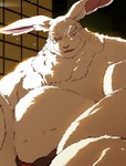 anthro belly big_belly detailed_background fur kemono male mature_male overweight overweight_male scar solo white_body white_fur samoji shangri-la_frontier vysache lagomorph leporid mammal rabbit vorpal_bunny 2023 hi_res