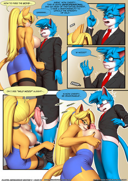 accessory anthro belt big_breasts big_butt big_penis black_belt black_bottomwear black_clothing black_pants black_suit black_topwear black_vest blonde_hair blue_body blue_fur blue_hair blush bottomwear breast_play breasts brown_eyes butt clothing dialogue duo erection eyewear female fur genitals glans glasses green_eyes hair holding_breast humanoid_genitalia humanoid_penis lips long_stockings looking_at_breasts looking_at_genitalia looking_at_penis male male/female necktie pants penis ponytail red_lips red_necktie removing_pants sex shocked suit tail text titfuck topwear vein veiny_penis vest yellow_body yellow_fur pak009 playful_distractions jay-r_(character) kristy_winters_(lildredre) domestic_cat felid feline felis mammal comic english_text hi_res