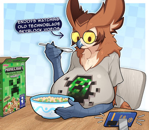 anthro beak big_breasts breakfast breasts brown_body brown_feathers cellphone cereal cereal_box clothed clothed_anthro clothed_female clothing cutlery eating eating_food electronics eyewear feathers female female_anthro food furniture glasses huge_breasts kitchen_utensils looking_at_object looking_at_phone nerd non-mammal_breasts phone round_glasses scuted_arms scutes shirt smartphone solo spoon t-shirt table tools topwear wearing_glasses wood wood_furniture wood_table yellow_eyes budoti fallout kellogg's microsoft minecraft mojang xbox_game_studios avery_(budoti) avian bird blakiston's_fish_owl creeper_(minecraft) ketupa owl true_owl 2025 absurd_res digital_drawing_(artwork) digital_media_(artwork) hi_res