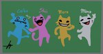 anthro blue_body female gesture green_background group looking_at_viewer male nervous pink_body simple_background smile tail waving waving_at_viewer whiskers white_body yellow_body franagonzala roblox giko mona_(2channel) moraler shii_(2channel) felid feline mammal signature