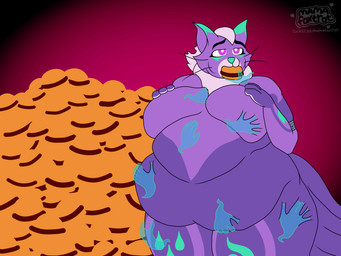 anthro armband belly belly_expansion belly_grab belly_overhang belly_rolls belly_squish big_belly big_breasts black_eyebrows bloated breast_grab breast_squeeze breasts burger cheek_bulge cheek_tuft chubby_cheeks dazed disembodied_hand double_chin eating expansion eyebrows eyeliner facial_tuft fat_arms fat_rolls feederism feeding female food fur ghost_hand gradient_background green_body green_ears green_fur green_nose hair half-closed_eyes hand_on_another's_belly hand_on_belly hand_on_breast hand_on_own_breast hands_above_breasts hands_on_legs hands_on_thighs holding_burger holding_food holding_object huge_belly huge_breasts huge_hips huge_thighs logo makeup mane mane_hair markings multi_tail multicolored_body multicolored_fur narrowed_eyes obese overweight purple_body purple_eyes purple_fur ruff simple_background solo squeezing squish stuffing symbol tail text thick_thighs tuft vignette weight_gain whiskers wide_hips mamafoxtrot canid canine elemental_creature felid fox mammal 4:3 absurd_res artist_logo artist_name character_request digital_drawing_(artwork) digital_media_(artwork) flat_colors hi_res url watermark