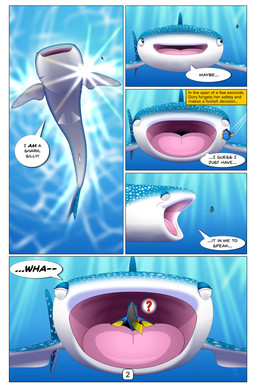 blue_body countershading dialogue duo eyes_closed female feral fin humor imminent_vore light light_beam open_mouth oral_vore rock_wall smile sunbeam sunlight tail tail_fin text throat tongue underwater vore water wide_eyed kazuo_ichigama disney finding_dory finding_nemo pixar destiny_(finding_dory) dory_(finding_nemo) carpet_shark fish marine shark whale_shark 2025 comic english_text hi_res