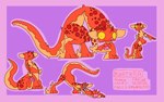 :3 all_fours countershading female feral horn long_tail pawpads red_body solo spots stretching tail yellow_body yellow_countershading yellow_sclera theenyface marthra_(theenyface) herpestid mammal meerkat monster model_sheet