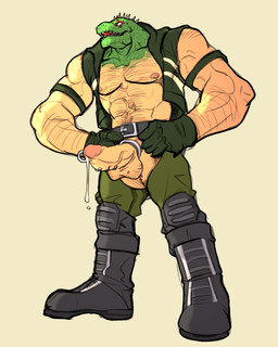 accessory anthro barazoku bodily_fluids body_hair boots chaps chest_hair clothing cock_ring erection flexing footwear gloves handwear head_spikes jewelry leather leather_clothing leather_topwear leather_vest looking_at_viewer male muscular muscular_anthro muscular_male penis_accessory penis_jewelry shoes simple_background spikes spikes_(anatomy) topwear vest white_background rickleone dorohedoro kaiman_(dorohedoro) 4:5 hi_res