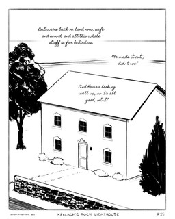 border building dialogue door horizon house plant shrub simple_background stone_wall text tree wall_(structure) white_background white_border window zero_pictured sharkinthepark 2024 4:5 absurd_res black_and_white comic english_text hi_res monochrome