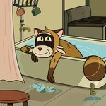 1:1 2024 anthro bathing bathtub biped brown_body claw_foot_bathtub detailed_background fictionist12 hi_res male mammal procyonid raccoon rascal_(robot_dreams) robot_dreams slightly_chubby smile solo water