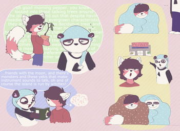 anthro bedding big_tail blanket book brown_hair clothing confusion dialogue duo fur gradient_background hair hair_over_eye hat headgear headwear male multicolored_body multicolored_clothing multicolored_fur multicolored_shirt multicolored_topwear nightcap orange_body orange_fur plant question_mark red_body red_clothing red_fur red_shirt red_topwear shirt simple_background sleepover speech_bubble tail text tired topwear lettuceplus1 cartoon_network pogchamp summer_camp_island two_soyjaks_pointing pepper_corn roscoe_(airkoryo) ailurid bear giant_panda mammal red_panda absurd_res english_text hi_res meme
