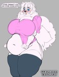 anthro belly big_belly big_breasts blue_eyes blush breasts clothed clothing eyewear female fluffy fluffy_tail fur glasses hair huge_breasts legwear navel overweight overweight_anthro overweight_female solo stockings tail text thigh_highs thigh_stockings white_body white_fur white_hair white_tail princess_samoyed cumu canid canine canis domestic_dog mammal nordic_sled_dog samoyed spitz absurd_res english_text hi_res