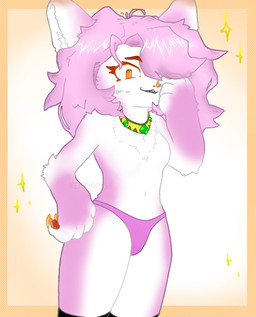 4_fingers anthro breasts claws clothed clothing eyelashes featureless_breasts female fingers fluffy fluffy_chest footwear fur gem glistening glistening_hair green_gem hair jewelry kemono knee_highs knee_socks legwear long_eyelashes looking_at_viewer orange_claws orange_eyes panties pawpads pink_body pink_clothing pink_fur pink_hair pink_panties pink_underwear red_eyelashes red_pawpads short_hair simple_background small_breasts small_nose smile smiling_at_viewer smug_face socks solo sparkles tailless topless underwear white_body white_fur kemoniko54 felid feline mammal colored hi_res shaded