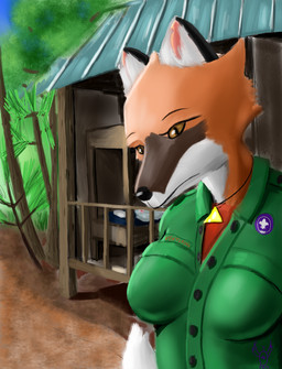 ambiguous_expression anthro bed black_body black_fur brown_body brown_eyes brown_fur bunk_bed cabin clothing countershade_ear countershade_face countershade_neck countershading evergreen_tree female fleur-de-lis fur furniture gold_(metal) gold_jewelry gold_necklace green_clothing green_shirt green_topwear green_uniform head_tuft jewelry looking_at_viewer nature nature_background necklace orange_body orange_fur path pine_tree plant pupils red_clothing red_shirt red_topwear scout_uniform shirt slit_pupils solo topwear tree tuft white_body white_fur akiak-wolf trisha_jones canid canine fox mammal absurd_res hi_res portrait