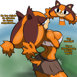 anthro blue_eyes breasts cleavage clothed clothing dialogue ellipsis female fur multicolored_body multicolored_fur orange_body orange_fur solo suspicious text two_tone_body two_tone_fur leoposting sega sonic_boom sonic_the_hedgehog_(series) sticks_the_jungle_badger badger mammal mustelid musteline 1:1 2026 digital_media_(artwork) hi_res spanish_text