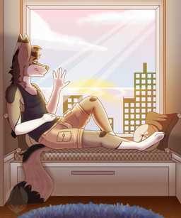 anthro building city clothed clothing cloud day detailed_background fur hair inside male outside relaxing sea sky skyscraper smile solo sun water window grumpy_griffin_creations canid canine canis mammal wolf 2019 digital_media_(artwork) hi_res