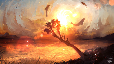 ambiguous_gender day detailed_background fantasy feral fin flying grass group outside plant silhouette sky sun tree ryky aquatic cetacean human mammal 2017 digital_media_(artwork) hi_res
