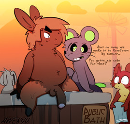 anthro balls bathing big_penis bodily_fluids buckteeth casual_nudity dialogue erection foreskin genitals glance glans group humanoid_genitalia humanoid_penis long_penis male partially_retracted_foreskin penis public sweat teeth text awekuu background_character churro_(awekuu) squeakers_(awekuu) bovid caprine mammal murid murine rat rodent sheep english_text hi_res
