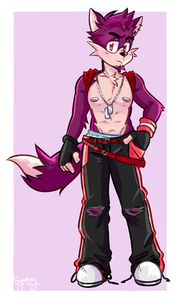 anthro biped black_bottomwear black_clothing black_fingerless_gloves black_gloves black_handwear black_nose black_pants bottomwear cheek_tuft clothed clothing countershade_face countershade_fur countershade_torso countershading dipstick_tail dog_tags ear_piercing ear_ring facial_tuft fingerless_gloves footwear front_view fur gloves hand_in_pocket handwear looking_at_viewer male markings multicolored_body multicolored_fur nipples pants piercing pink_body pink_fur pockets ring_piercing shirt_behind_head simple_background solo tail tail_markings tan_body tan_countershading tan_fur topless topless_male tuft two_tone_body two_tone_fur white_markings syaokitty canid canine canis mammal wolf 2026 hi_res