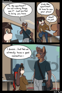 anthro bag beverage black_border blue_eyes bodily_fluids border brown_body brown_fur brown_hair clothed clothed_anthro clothed_female clothed_male clothing coffee coffee_cup computer container cup dialogue duo electronics embarrassed eyes_closed female female_anthro floppy_ears fully_clothed fully_clothed_female fully_clothed_male fur furniture green_eyes hair highlights_(coloring) inside laptop long_ears looking_at_another male male_anthro nervous nervous_smile nervous_sweat offscreen_character open_mouth page_number ponytail red_highlights speech_bubble sweat sweatdrop table text thought_bubble wide_eyed black-kitten ken_(black-kitten) maya_(black-kitten) canid canine canis domestic_dog hybrid lagomorph leporid mammal rabbit 2:3 comic english_text hi_res