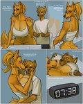 anthro big_breasts bite_mark blonde_hair bottomless breasts clothed clothing dialogue duo female fur genitals hair male male/female open_mouth pupils pussy shirt simple_background smile t-shirt text three-quarter_view topwear yellow_body yellow_eyes yellow_fur dziero latte_(dziero) canid canine canis hyena mammal wolf 2025 english_text hi_res incest_(lore) mother_(lore) mother_and_child_(lore) mother_and_son_(lore) parent_(lore) parent_and_child_(lore) parent_and_son_(lore) son_(lore)