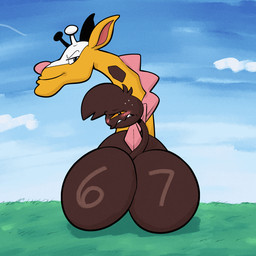 blue_eyes bodily_fluids brown_body brown_fur butt butt_focus cloud fur grass living_tail looking_at_viewer orange_sclera pink_nose plant sharp_teeth sky solo spikes spikes_(anatomy) sweat sweatdrop tail tail_head tail_mouth teeth unusual_anatomy unusual_tail yellow_body yellow_fur trevor-fox nintendo pokemon kyp_(character) trevor-fox_(character) generation_2_pokemon girafarig pokemon_(species) 1:1 animated