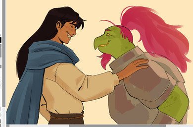 anthro armor cloak clothing duo facial_hair goatee green_body hair interspecies male male/male pink_hair ponytail robe smile stubble iatekawa undertale undertale_(series) gerson intro_mage_(undertale) human mammal reptile scalie turtle 2025 digital_media_(artwork) hi_res