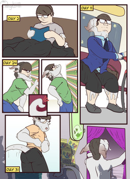 brown_hair chastity_device dialogue eyewear glasses goo_transformation hair male nullification parasite prostate public public_transformation slime slow_transformation spreading transformation transformation_sequence under_clothes moblie guild_wars charr felid goo_creature goobit human mammal comic hi_res